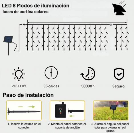 Cascada Solar Navideño 2 EN 1 PRO / Control Remoto / 18 metros